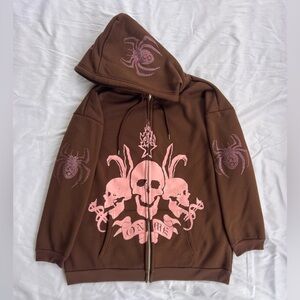 Women’s Cyber Grunge Fairy Gothic Brown Pink Skull Spider Oversize Hoodie Large